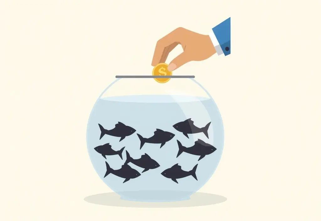 a hand dropping a coin into a fishbowl symbolizing the question does plenty of fish cost money