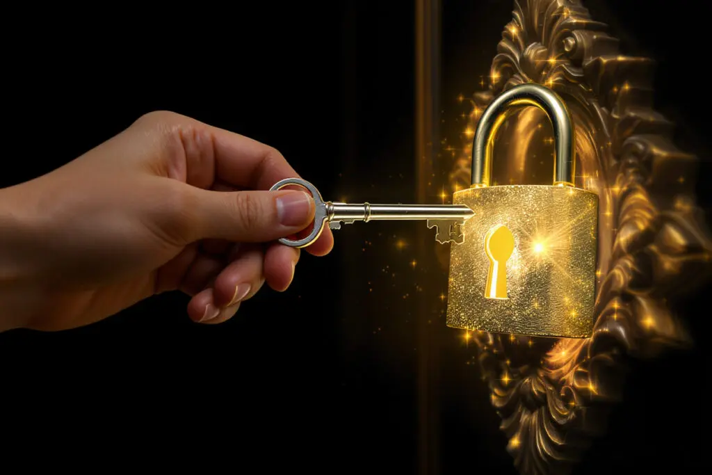 a hand holding a key to a golden lock symbolizing the value proposition of is bumble premium worth it