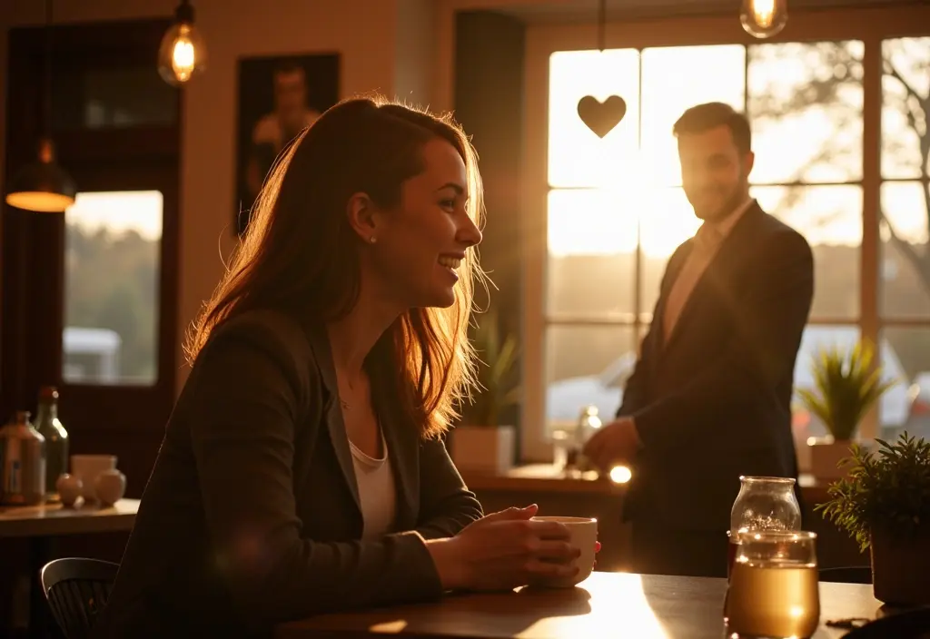 a happy woman in the foreground while a man in the background looks back at her symbolizing the law of attraction when he pulls away