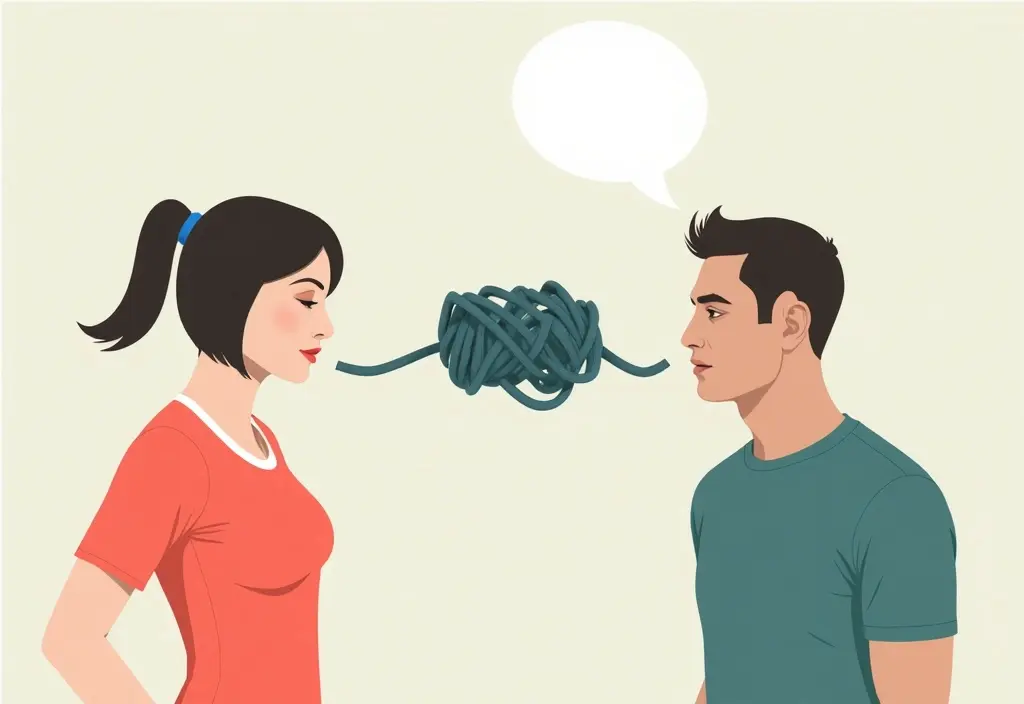 a knotted speech bubble between a man and a woman asking the question do guys stop talking to you if they like you