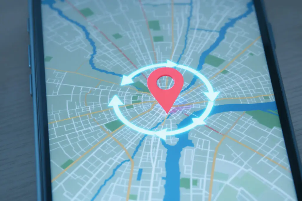 a location pin on a map with a refresh symbol illustrating how often does bumble update location