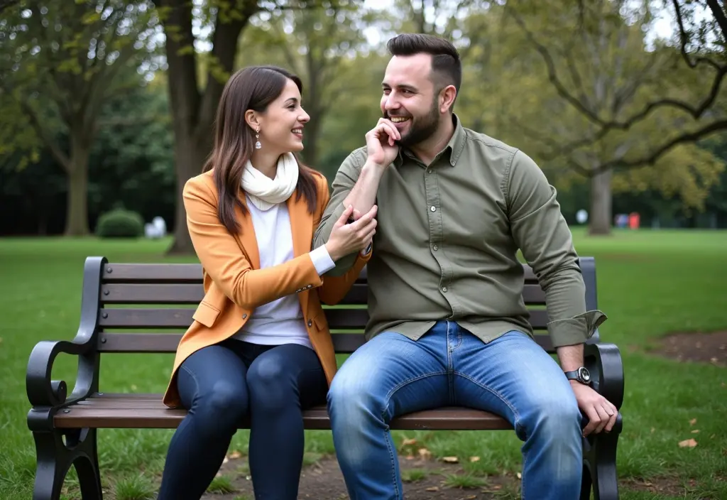 a man and a woman in conversation on a park bench with a subtle calendar graphic