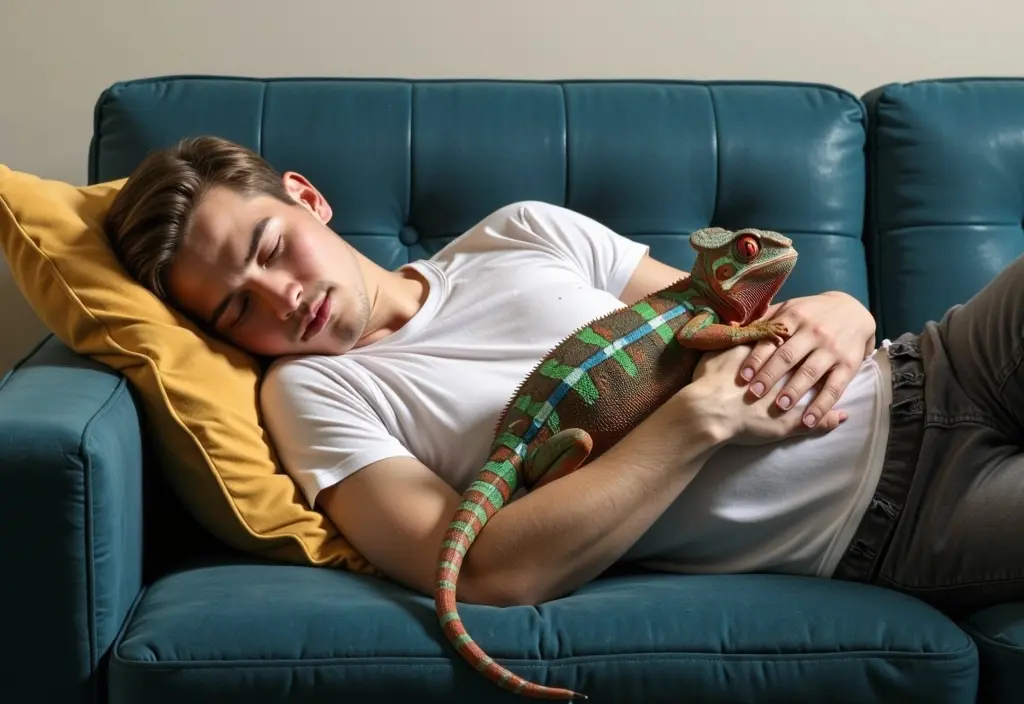a man cuddling a chameleon posing the metaphorical question do guys cuddle with just any girl