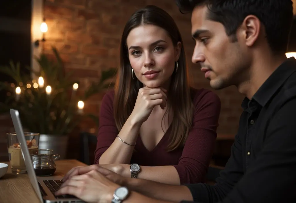 a man in a cafe stealing a glance at a woman who isnt looking perfectly illustrating the phrase he looks at me when im not looking