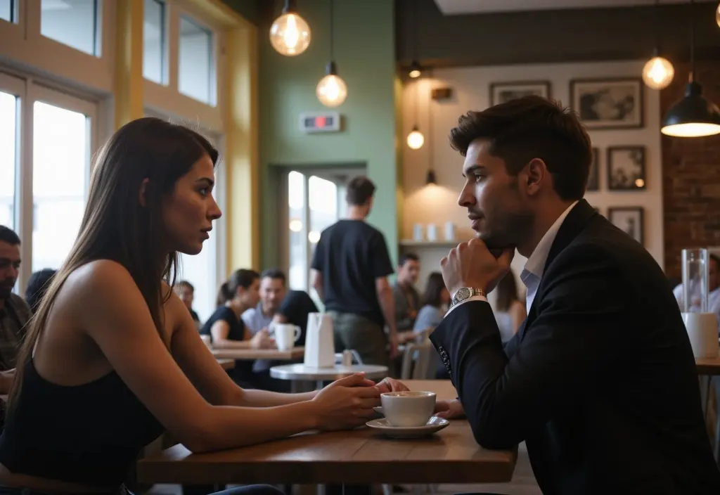 a man in a coffee shop holding a long intense gaze illustrating the feeling of he stares at me
