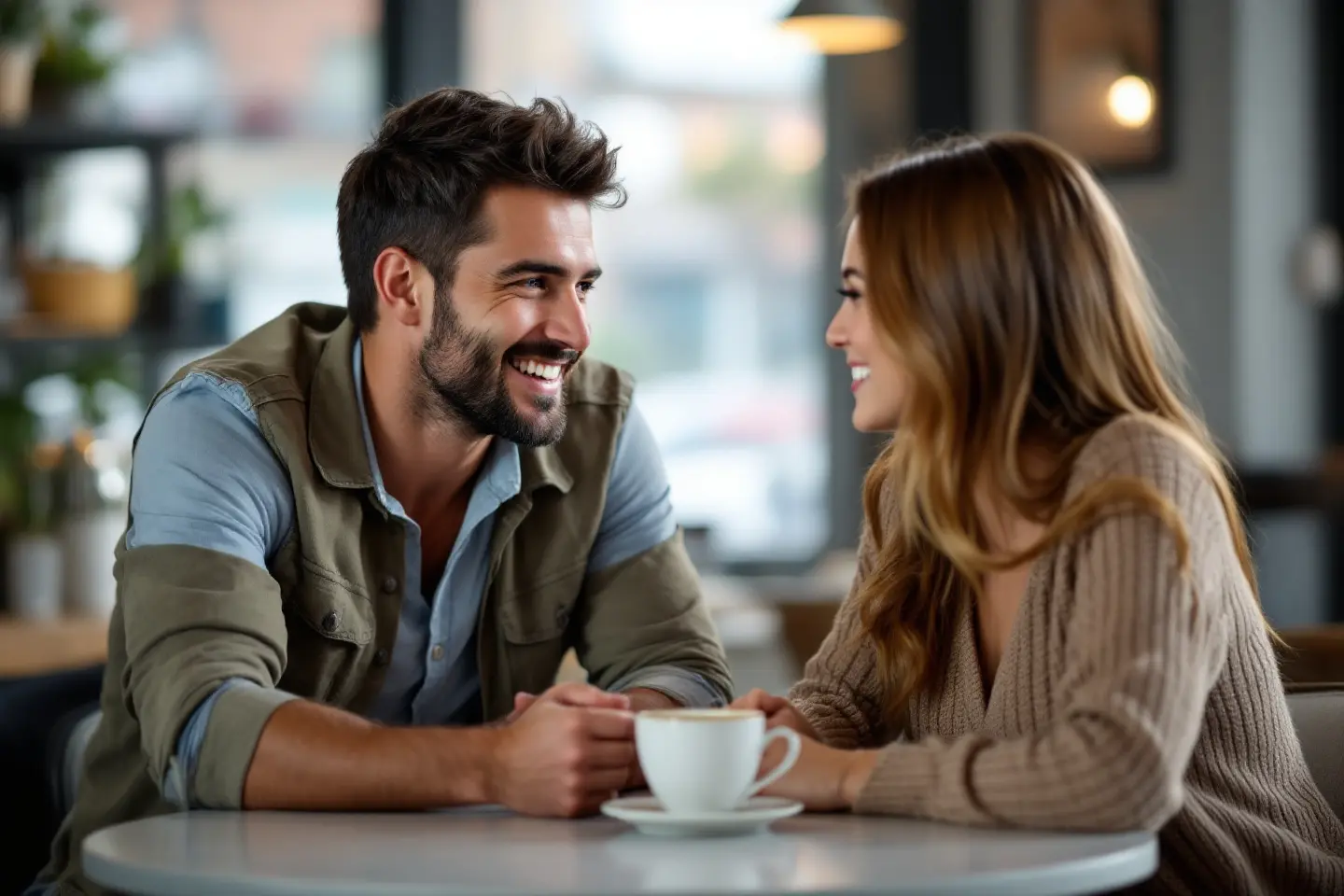 a man looking at a woman with a genuine smile and engaged body language representing the subtle signs he likes you