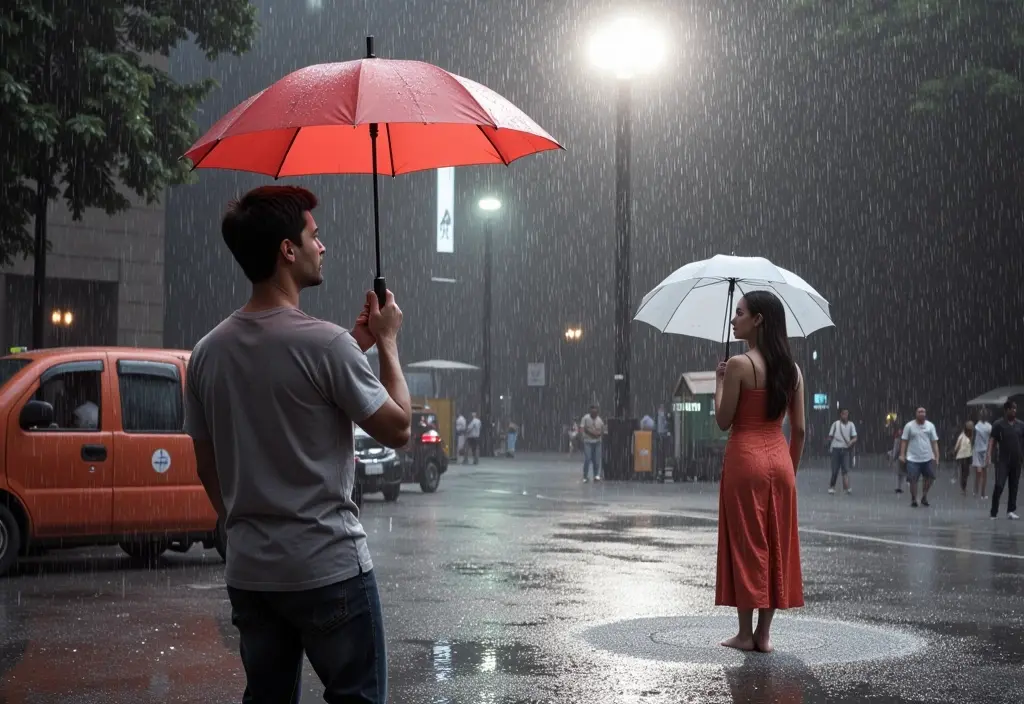 a man protecting one woman from the rain while looking at another illustrating the confusion of if he likes me why is he dating someone else