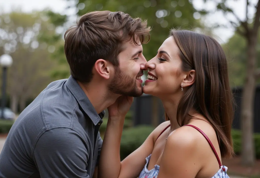 a man smiling warmly just after giving a woman an affectionate unexpected kiss on the cheek
