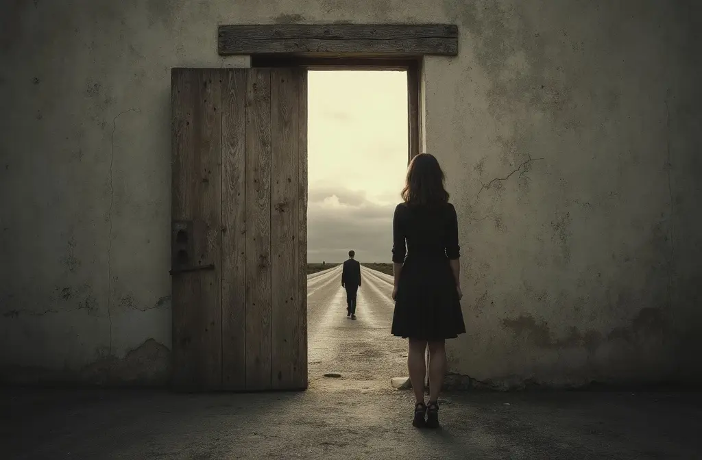 a man walking away seen through a keyhole of a closed door representing the signs he will never come back