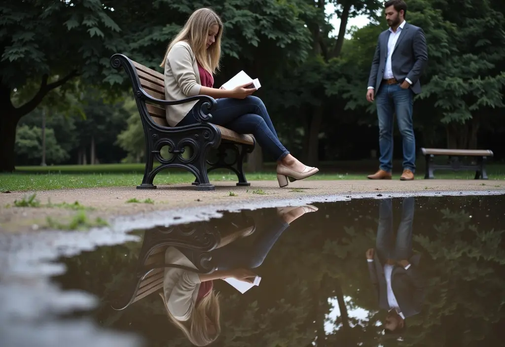 a mans reflection in a puddle gazing at a woman who is unaware depicting he looks at me when im not looking