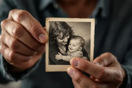 a nostalgic image of a man holding a cherished old photo of his mother with him as a child representing the relationship with his mom