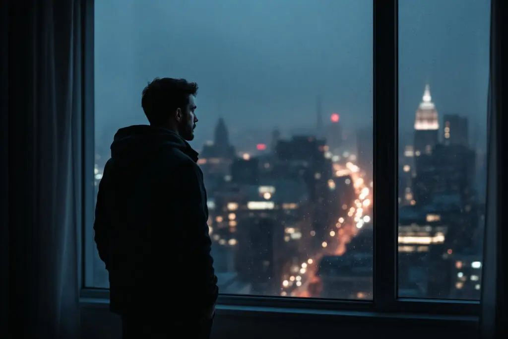 a pensive man looking out a window visually representing a man who is not ready for a relationship