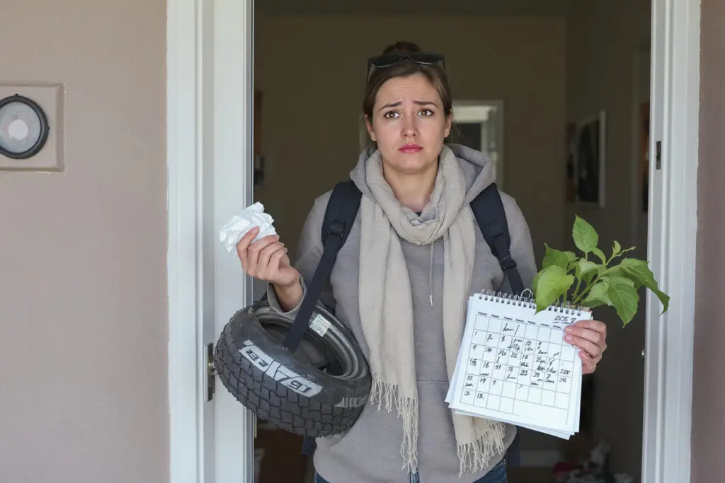a person holding various objects representing common excuses visually showing excuses to get out of something