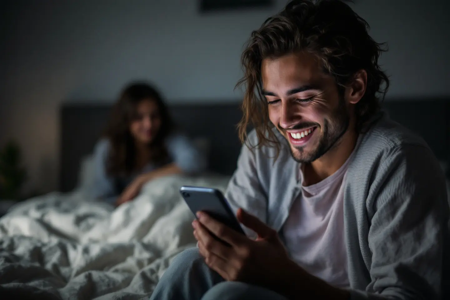 a person secretly smiling at their phone while turned away from their partner symbolizing the signs your partner is talking to someone else