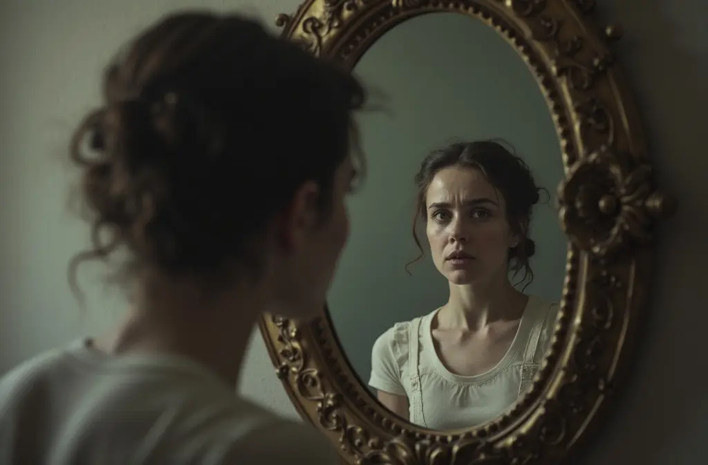 a person seeing a strangers face in their reflection capturing the feeling of not recognizing yourself in the mirror