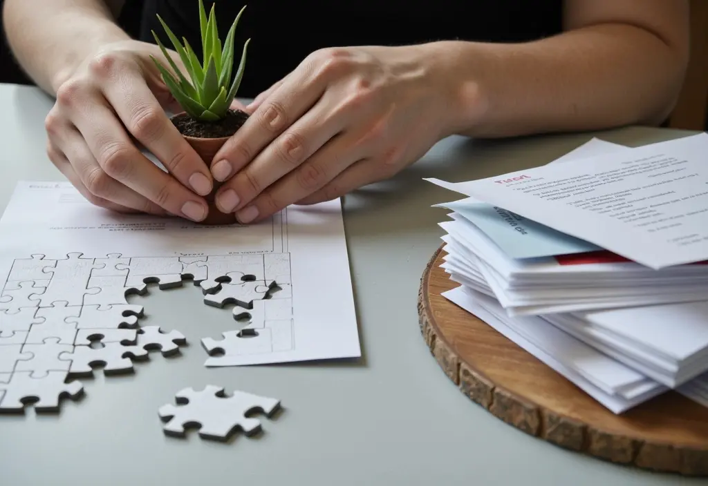 a person surrounded by small urgent tasks and distractions visually representing various excuses to get out of something