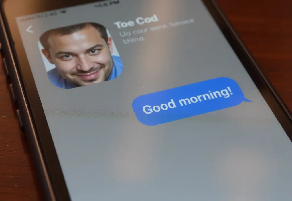 a phone screen showing a good morning text with a hint of a mans non-committal expression in the reflection