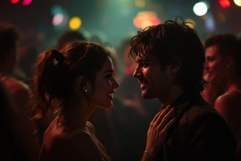 a photo of two strangers instantly clicking at a party capturing the feeling of an unexplainable connection with someone