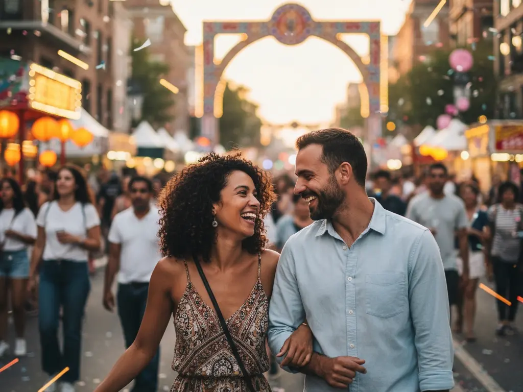a photograph of a busy city festival with the focus on a single happy couple representing the idea of finding a specific person in the large dating pool of plenty of fish