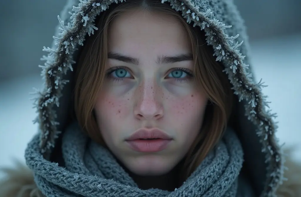 a portrait of a person with a subtle frosty texture on their skin visually representing the cold person meaning