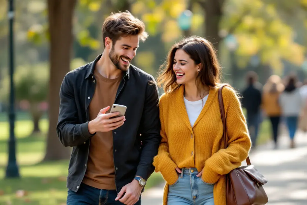 a realistic image depicting friends with your ex showing a man and woman walking casually in a park laughing together with a subtle friendly distance