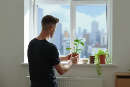 a realistic image of a man carefully tending to a small potted plant in a minimal apartment symbolizing being not ready for a relationship