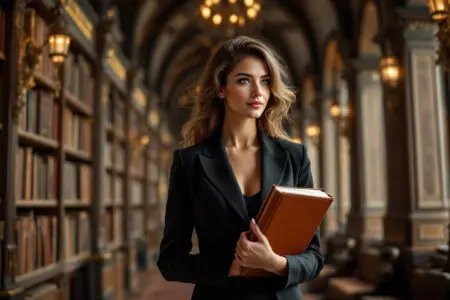 a realistic image of an elegant woman gracefully navigating a grand library with a book representing a high-value woman