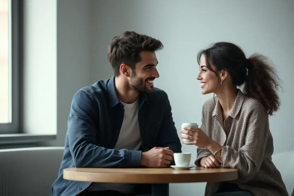 a realistic image showing the dynamic of why do men test women with a man observing a woman intently across a table - Dating Man Secrets - Psychology Attraction Tips Revealed a realistic image showing the dynamic of why do men test women with a man observing a woman intently across a table