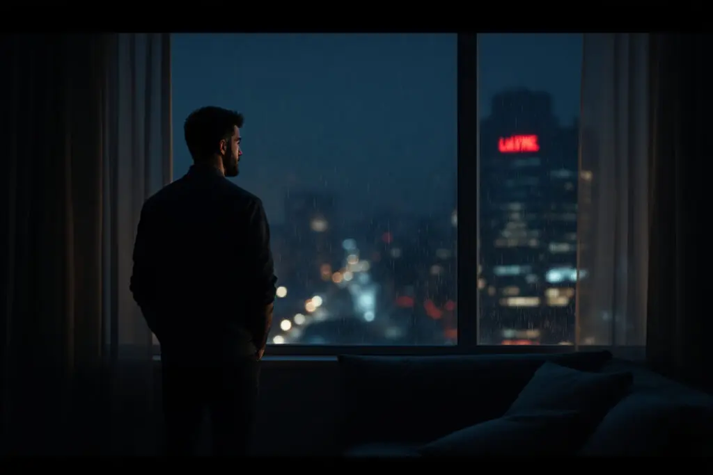 a realistic moody image posing the question will he regret it showing a man looking out a window with a remorseful expression conveying a sense of loss