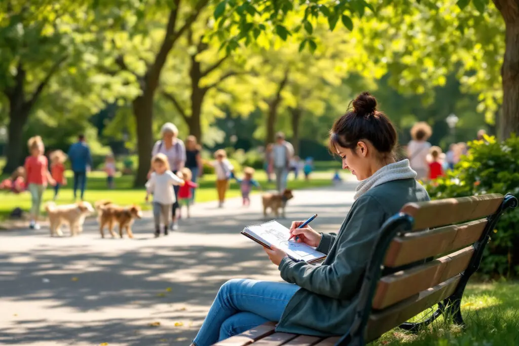 a realistic photo offering a solution for how to stop thinking about him showing a person absorbed in drawing on a park bench amidst activity