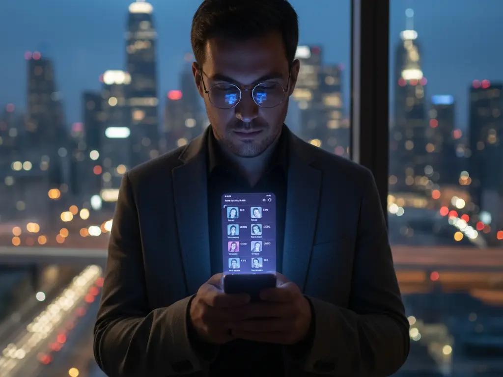 a realistic photo showing a man using a location-based dating app like grindr on his phone with the grid of nearby profiles reflected in his glasses