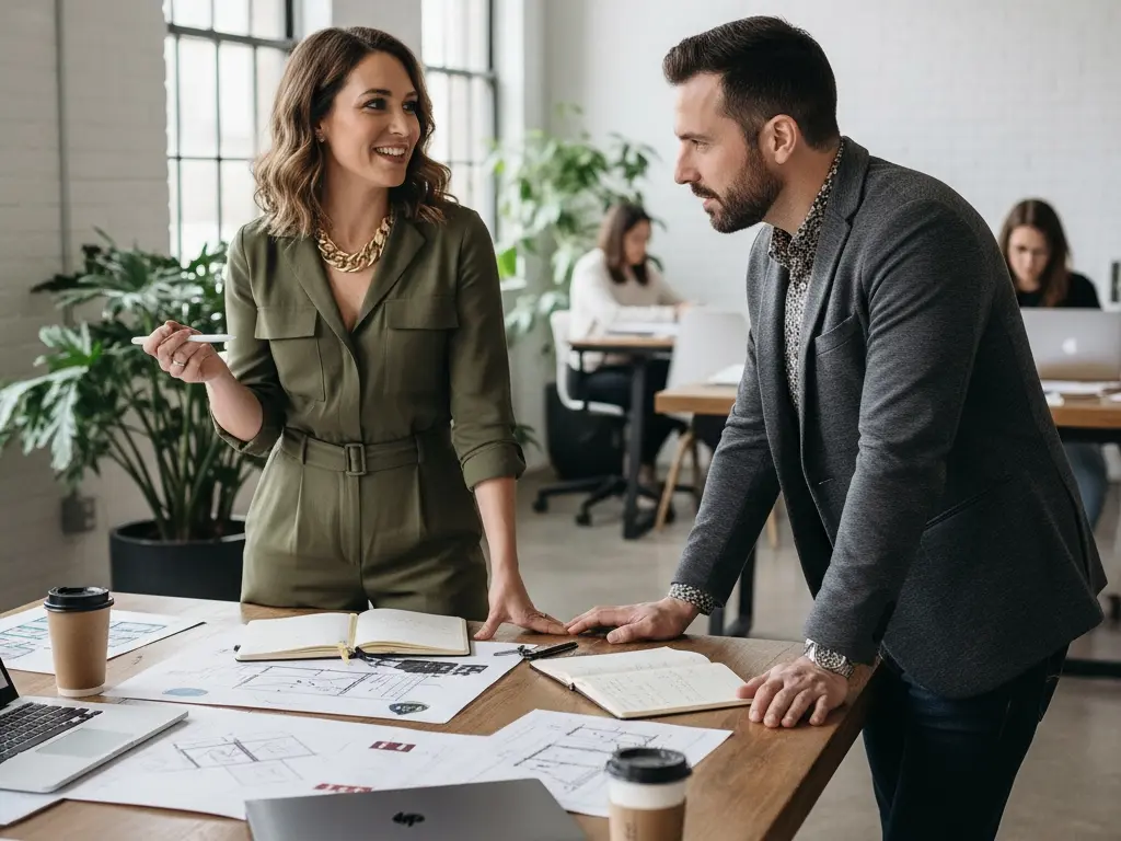 a realistic photograph illustrating the networking aspect of raya showing two creative professionals meeting and collaborating in a stylish modern workspace