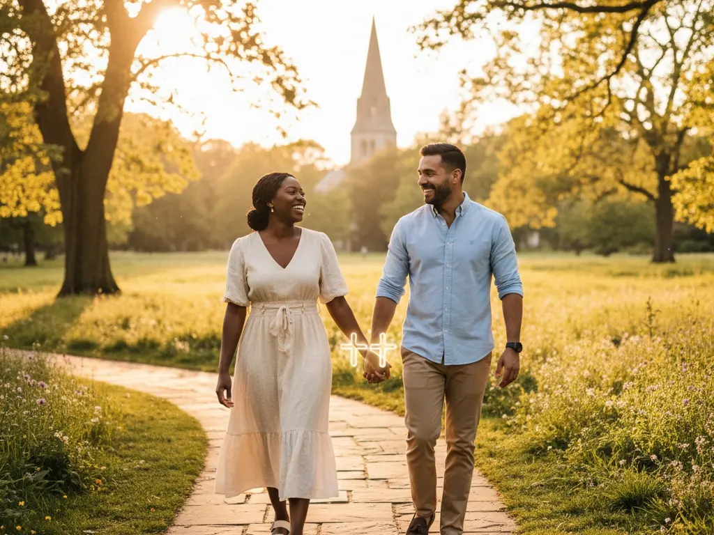 a realistic photograph of a happy couple on a walk representing the kind of wholesome faith-based relationships christian mingle aims to create