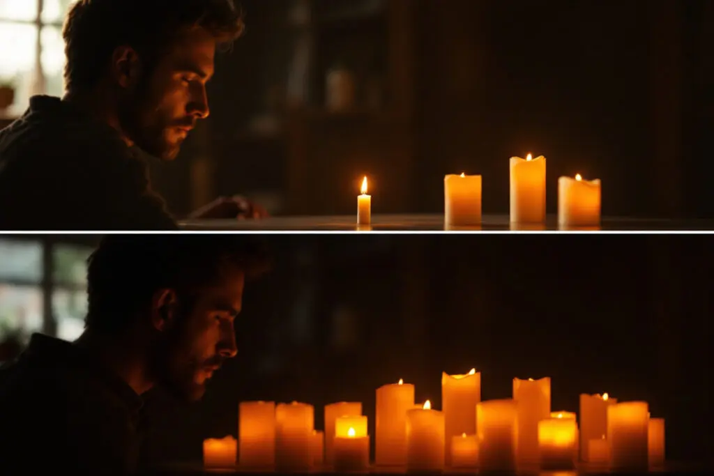 a sequential image showing a single candles glow gradually multiplying and illuminating a space symbolizing how men fall in love