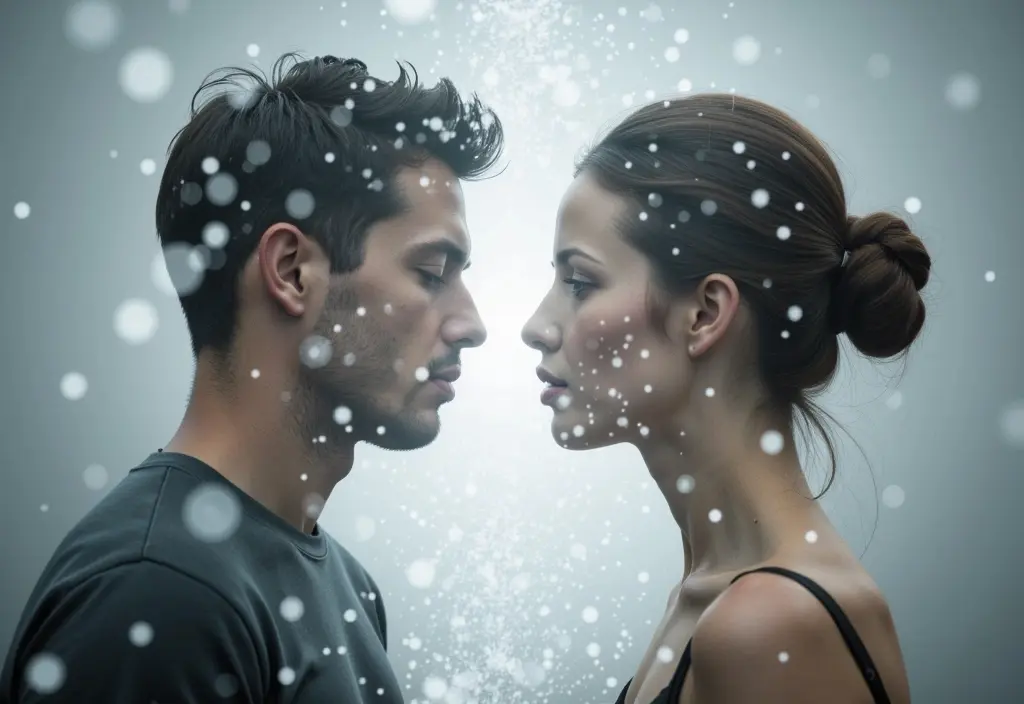 a shimmering wall between a man and woman illustrating the barrier in do guys stop talking to you if they like you