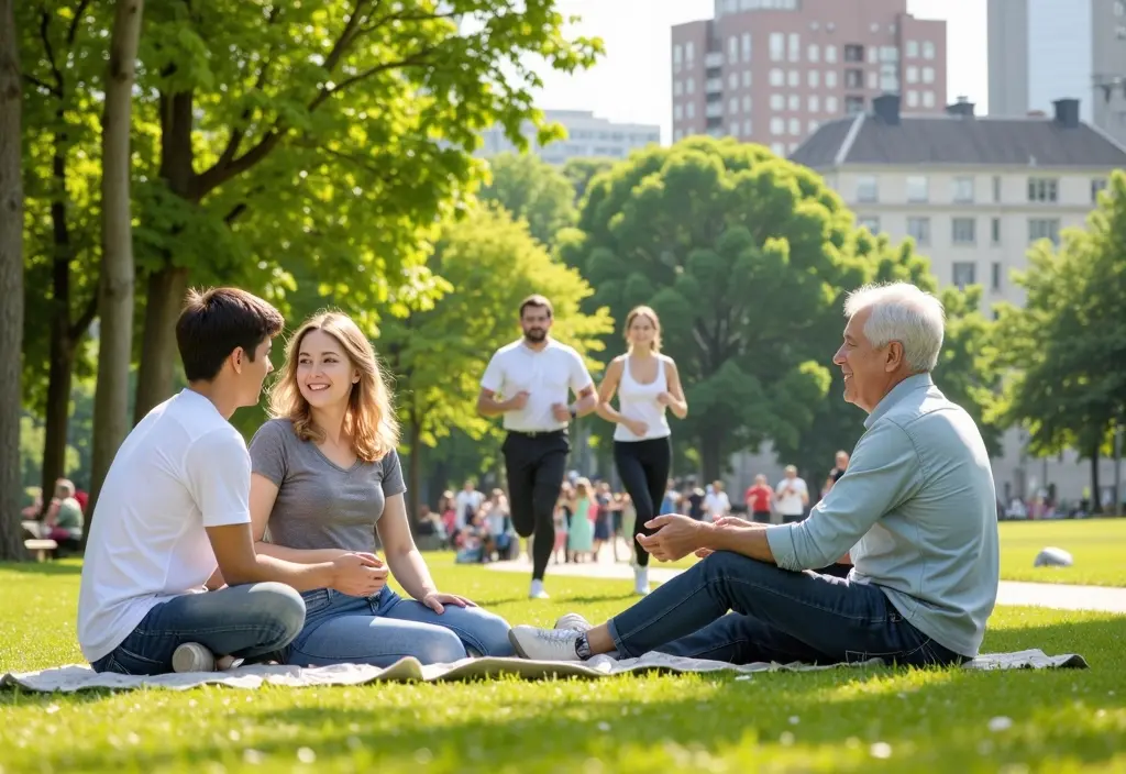 a single photograph of a park showing different couples at various life stages representing the diverse types of romantic relationships