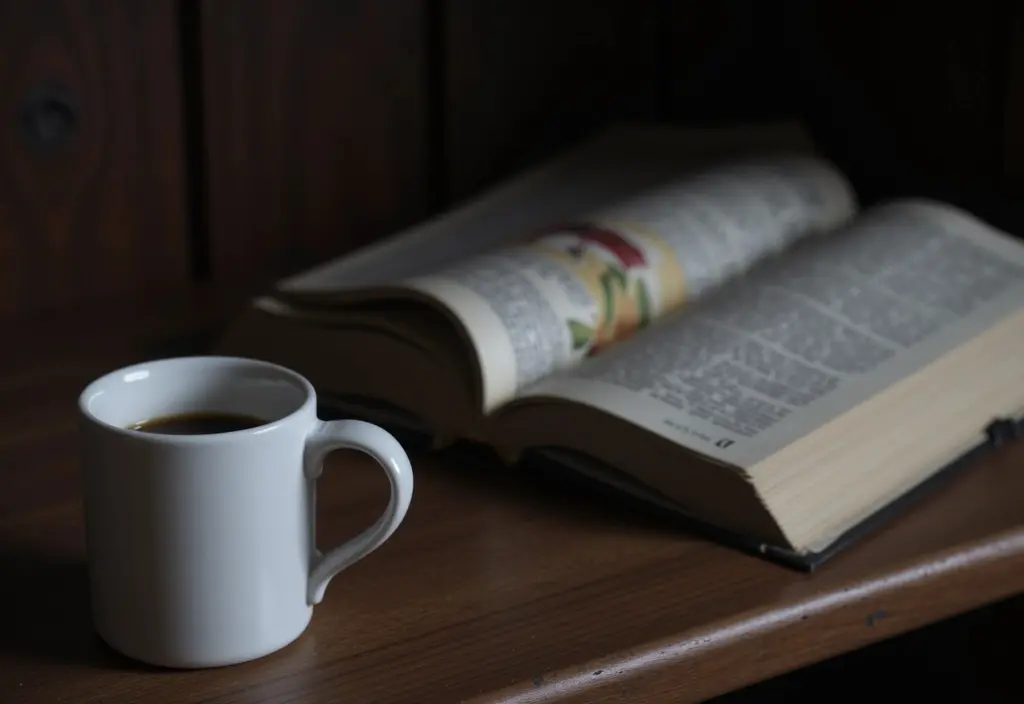 a solitary coffee cup and an open book on a bedside table symbolizing the casual unspoken fwb texting rules