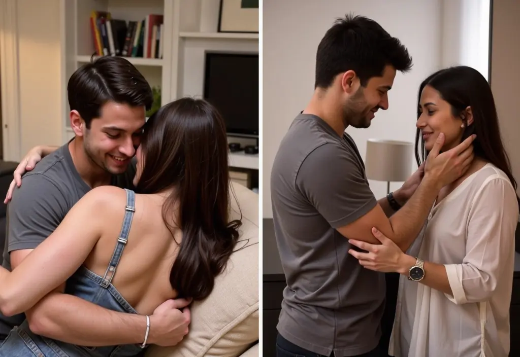 a split image showing a romantic couple cuddling on one side and platonic friends with a friendly gesture on the other