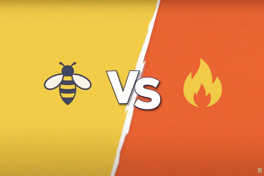 a split screen with a bee icon versus a flame icon for the comparison is bumble better than tinder