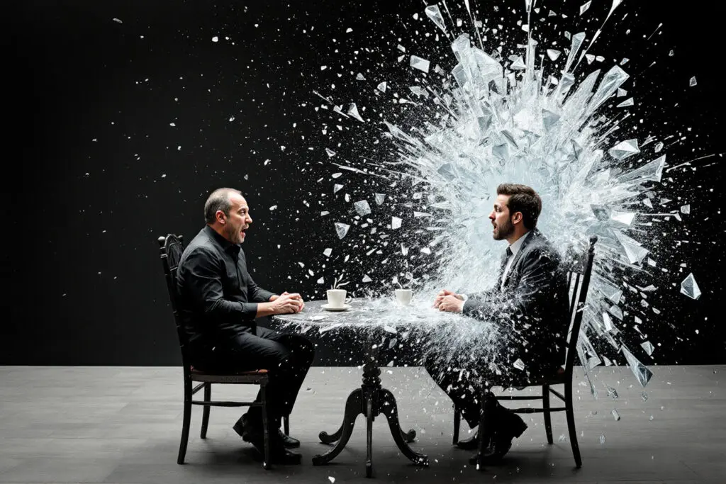 a surreal symbolic image of a blindsided breakup showing a person in shock as the other side of their table shatters without warning