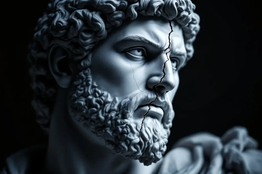 a symbolic close-up of a crack on a strong marble statue representing what men are insecure about beneath their facade
