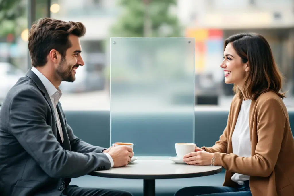 a symbolic image about being friends with your ex showing a man and woman talking happily across a café table divided by a clear glass pane