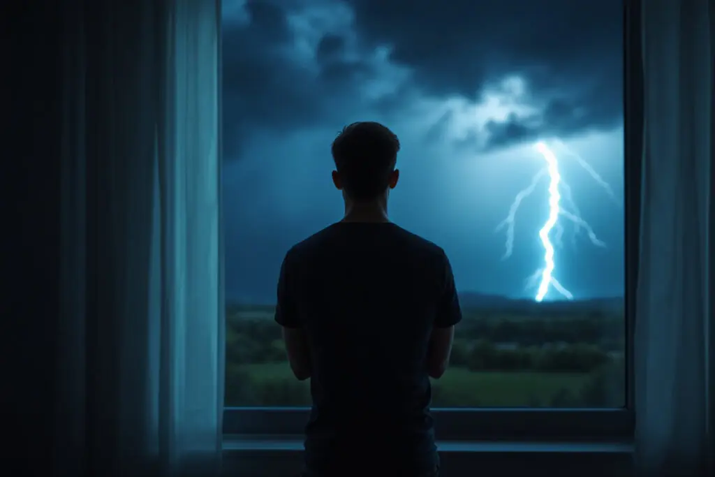 a symbolic image explaining why men pull away showing a man with his back to the viewer introspectively watching a thunderstorm from a dimly lit room
