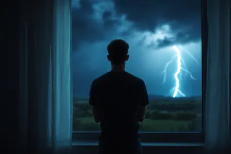 a symbolic image explaining why men pull away showing a man with his back to the viewer introspectively watching a thunderstorm from a dimly lit room