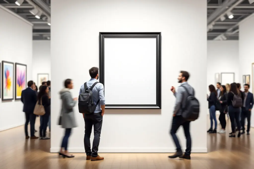 a symbolic image explaining why men rebound showing a man staring intently at an empty picture frame on a gallery wall representing a void