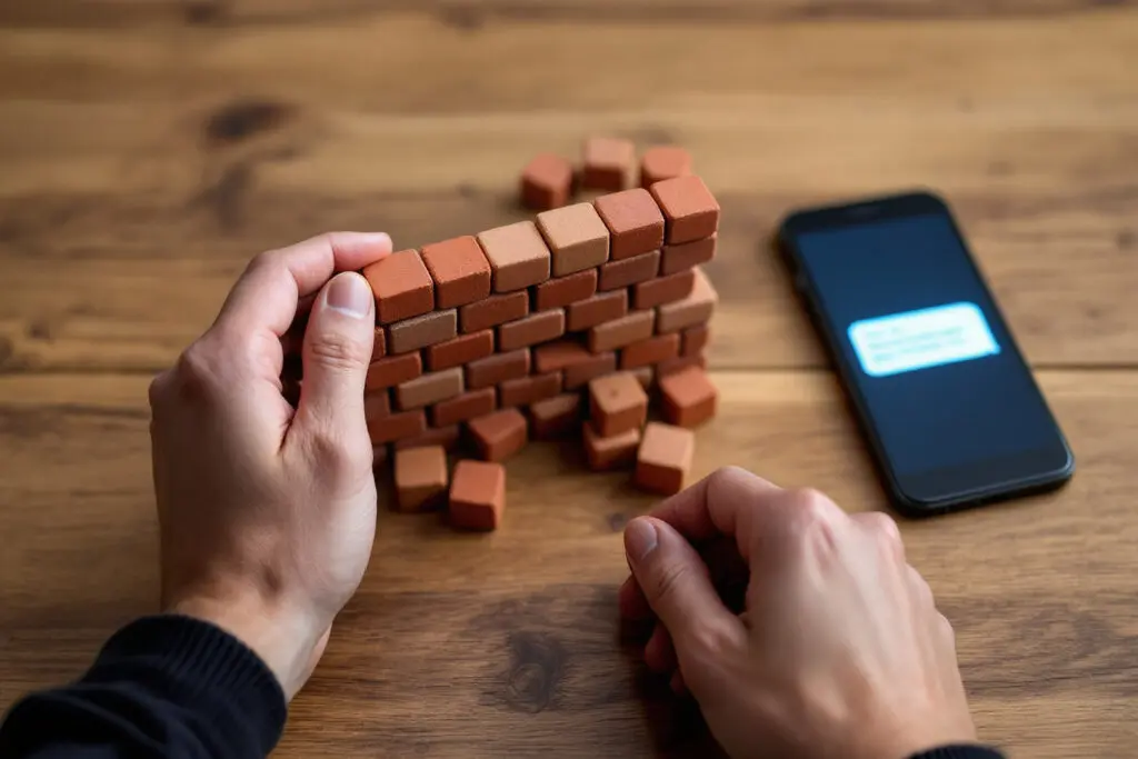 a symbolic image illustrating the no contact rule showing hands building a brick wall to block off a smartphone with a notification