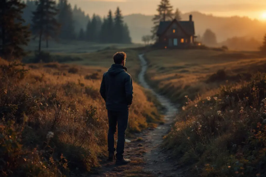 a symbolic image illustrating why do men come back showing a man in a wild field looking back at a clear path leading to a familiar distant home