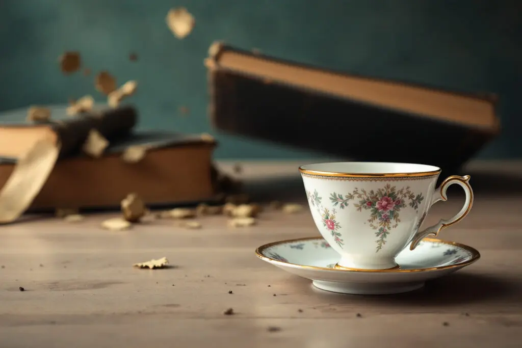 a symbolic image of a blindsided breakup showing a delicate teacup about to fall from a table due to an unexpected sudden impact from a falling book