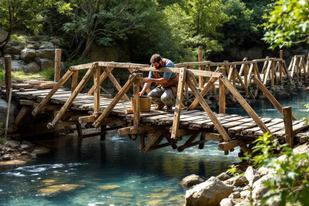 a symbolic image of a man meticulously building a strong wooden bridge across a river representing what makes a man commit to building a lasting connection
