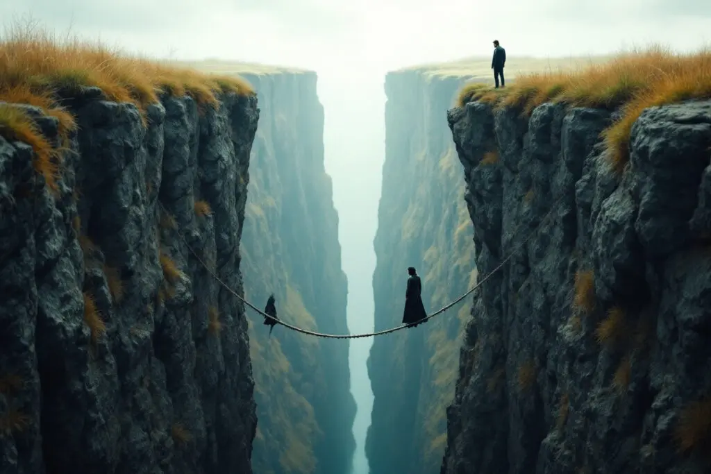 a symbolic image of a man watching a woman across a delicate rope bridge over a ravine representing why do men test women by observing their reactions